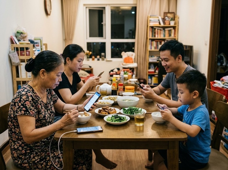 Dùng điện thoại trong bữa ăn được hình thành và củng cố trong gia đình ra sao?