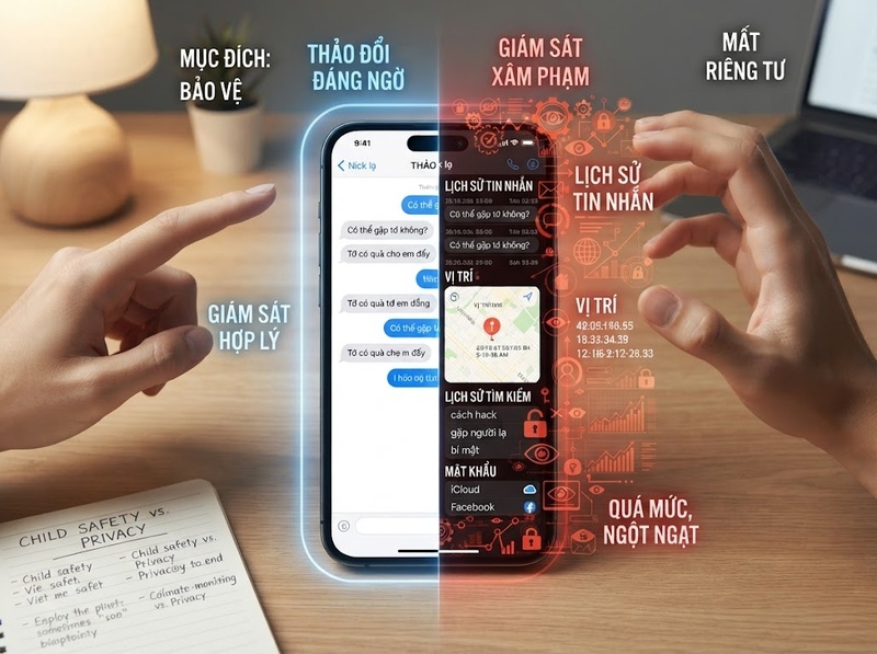 Giám sát con và quyền riêng tư khác nhau ở mục đích, mức độ và cách thực hiện