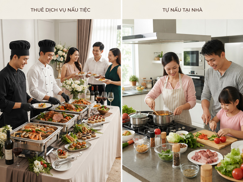 So sánh thuê dịch vụ nấu tiệc và tự nấu tại nhà